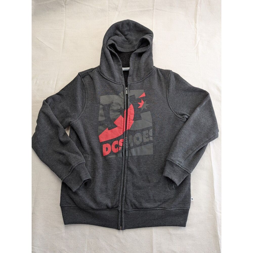 Skater Streetwear Y2K Size S DC Shoes Sherpa Lined Zip Hoodie Gray Red